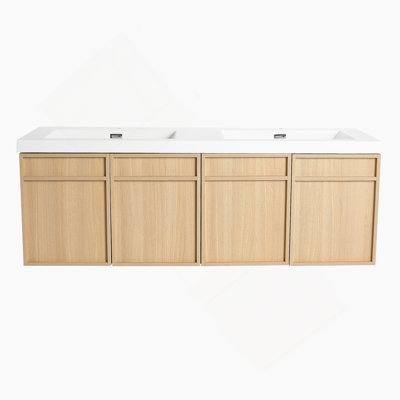 Meuble-lavabo mural 60 po avec double lavabo en résine, 4 portes à fermeture douce, chêne original, contreplaqué (KD-PACKING)