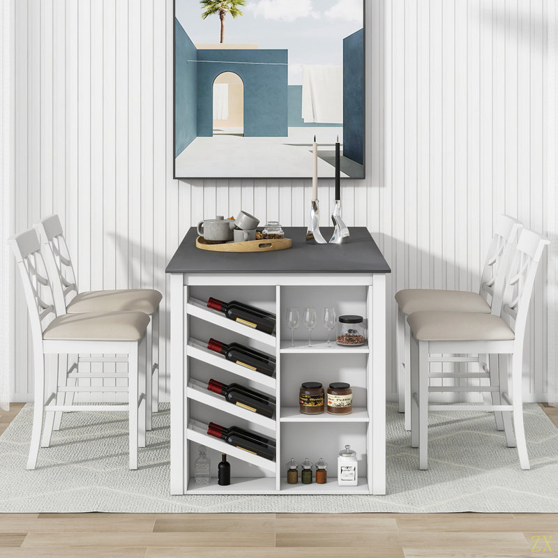 Ensemble de table de salle à manger en bois massif 5 pièces, table avec support à vin incurvé et 4 chaises rembourrées, Blanc
