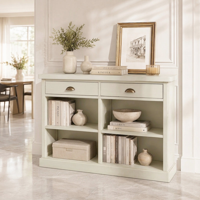 Console polyvalente avec tablettes ouvertes et tiroirs de rangement cachés - Table d'entrée de style campagnard, off-white