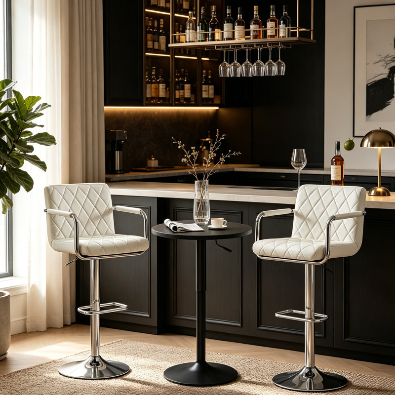 Ensemble de salle à manger 3 pièces à hauteur réglable avec tabouret et tabouret de bar en cuir, Blanc / argenté