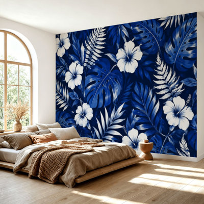 Papier peint adhésif peler et coller blanc brillant plantes tropicales sans couture à la mode bleu marine papier autocollant amovible pour décoration de salon H 69 po x l 96 po