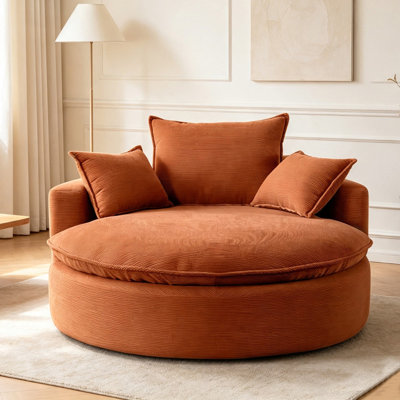 Fauteuil demi-tonneau pivotant surdimensionné 58 po 58 po, chaise longue de loisirs à double couche en velours côtelé orange avec 3 coussins amovibles, canapé simple rotatif à 360 ° pour le salon