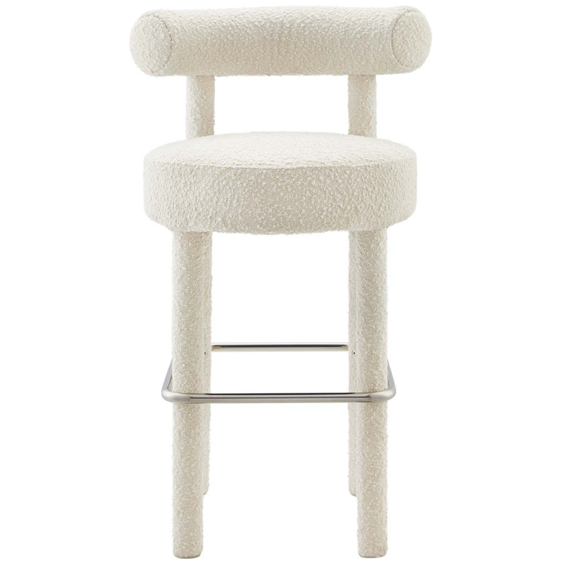 Ivory Boucle Fabric Bar Stool with Metal Stretcher, 30" Seat Height