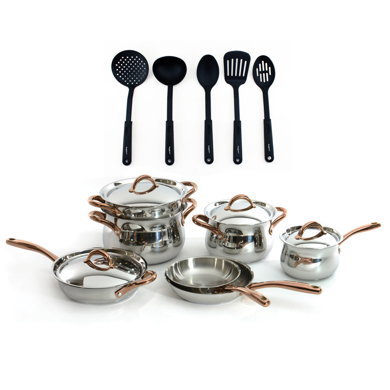 Batterie de cuisine en acier inoxydable Berghoff Ouro Gold 16pc 18/10 avec couvercles en métal