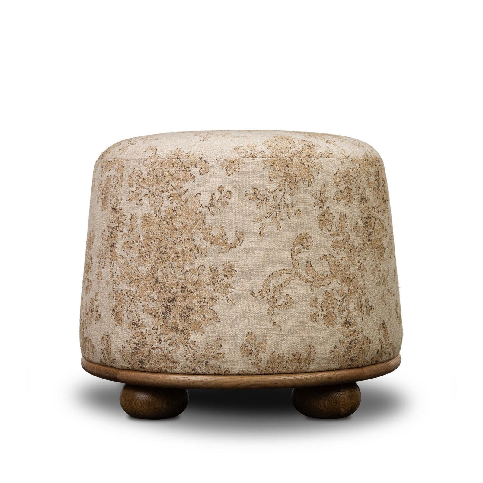 Caraway Upholstered Ottoman, Almond Oak Damask