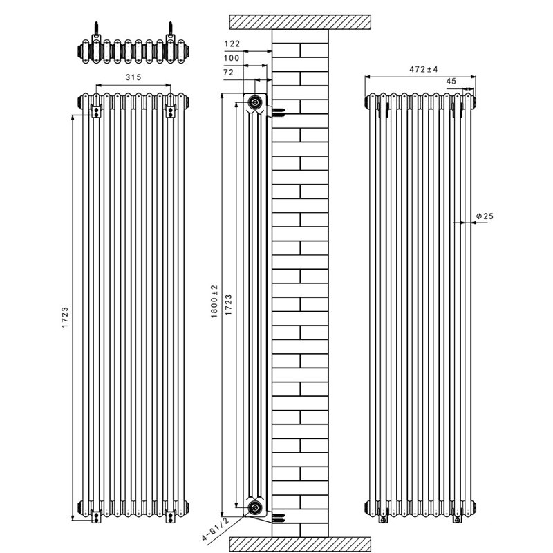 Valery Vertical Traditional 3 Column Cast Iron Style Designer Radiator, White, 180cm H x 47cm W
