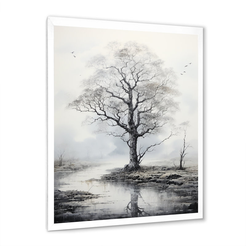 Minimalisme, arbre gris, solitude I, paysage, art mural, salon, H 20 po x l 12 po x P 1 po, Cadre photo blanc