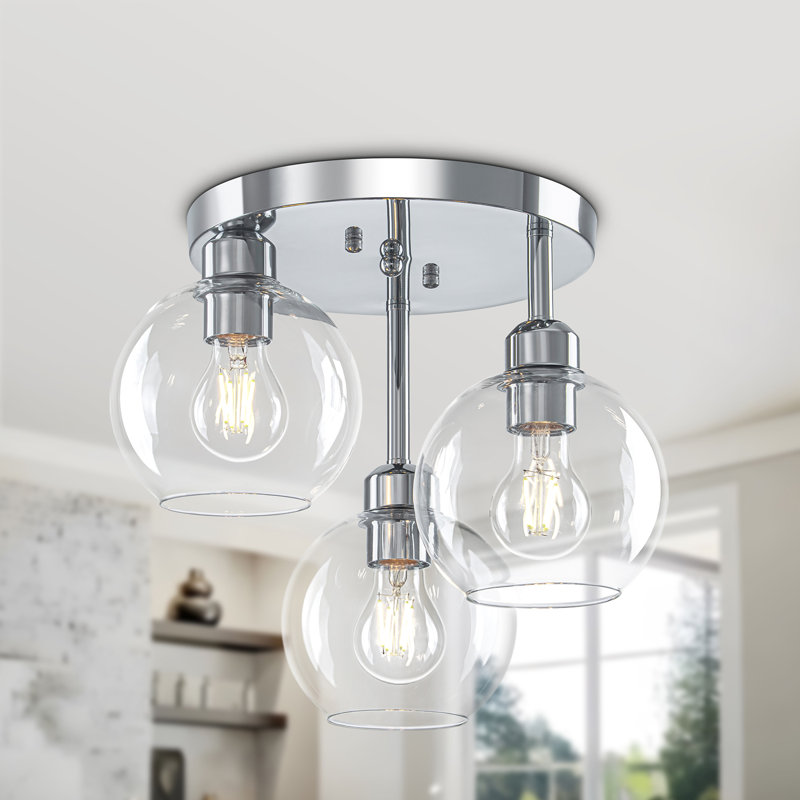 Plafonnier semi-encastré 3 lumières avec verre Globes, Chrome chrome