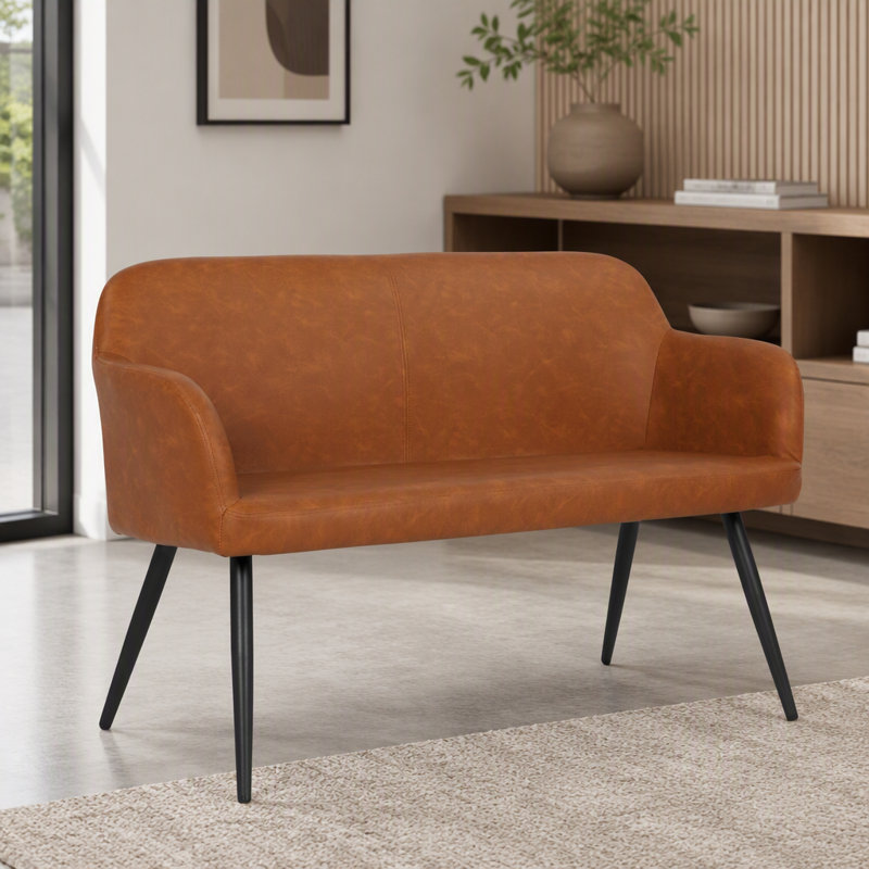 Banc industriel à haut dossier Daniella en acier noir et similicuir brun clair