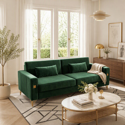 Luxury Emerald Velvet Sofa with Gold Accents - Modern 3-Seat Couch with Plush Cushions, Perfect for Living Room and Office Decor