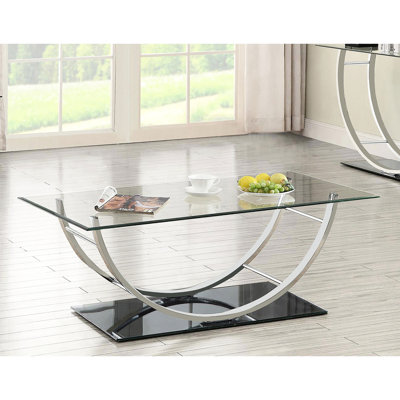 Rectangular U - Shaped Top Glass Coffee Table With Reflective Surface And Ergonomic Design For Primary Living Areas, 24 Inches Deep Curved Layout Comfort Style In Contemporary Settings, 18 High