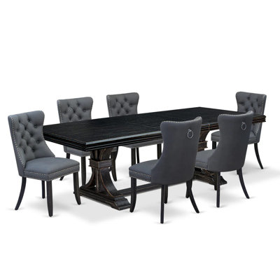 7-Piece Xtenczar Dining Set Contains a Rectangle Xtenczar Dining Table and 6 Platinum Gray Polyester Fabric Modern Chairs, 44x100 Inch, Sand Blasting Black