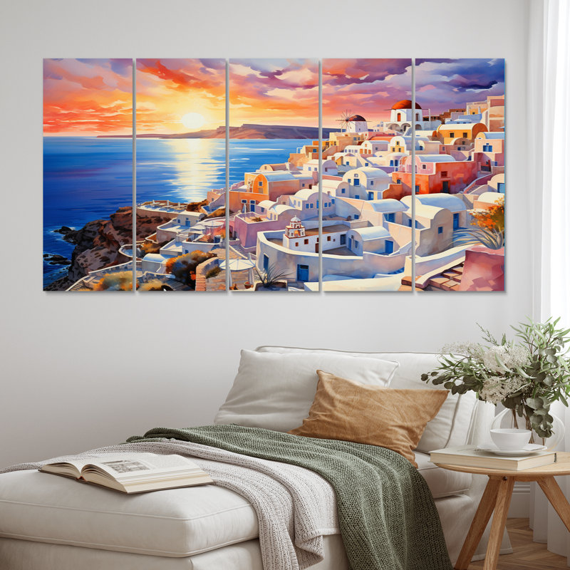 Grèce Oia Splendor I - art mural sur toile de paysages urbains - 5 panneaux égaux