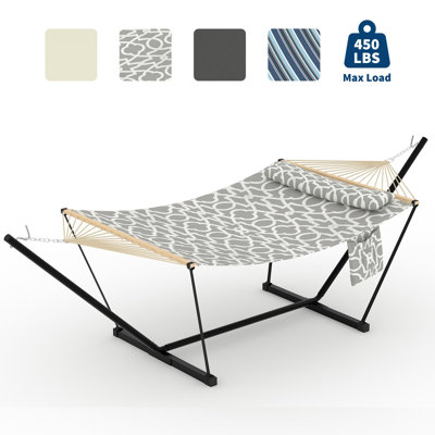 Double Hammock with Stand for Outdoor, Heavy Duty Portable 2 Person Hammock with Adjustable Steel Stand for Patio, Garden, Beach, Backyard