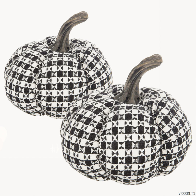 Ensemble de 2 citrouilles décoratives en tissu noir et blanc 7 x 7 x 6,7 po pour Halloween