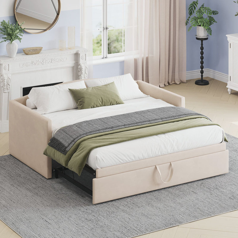 Horta Twin Size Daybed with Extended Pop Up Trundle, Beige