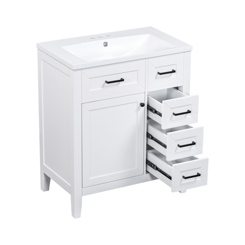 Meuble-lavabo de salle de bain 30 po - Armoire blanche moderne avec tiroirs de rangement en céramique et tablette, Blanc