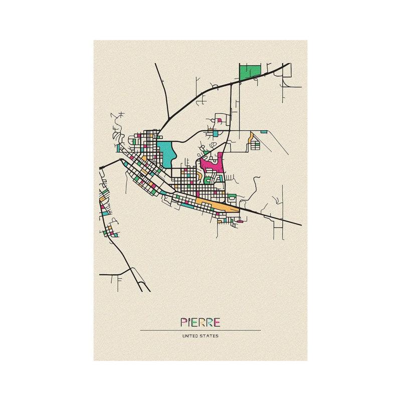 Pierre, South Dakota Map by Ayse Deniz Akerman - Wrapped Canvas Painting, 30.48 cm H x 45.72 cm W