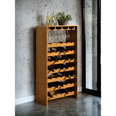 Oak Finish 35 - Bottle Wine And Stemware Rack, 7 Tier Shelf, 4 Cup Holders, Particle Board, 12" Product Depth, 24" Width, 48" Height, 3" Floor , 100lbs Weight Limit, Kd Built In Design For Rack With