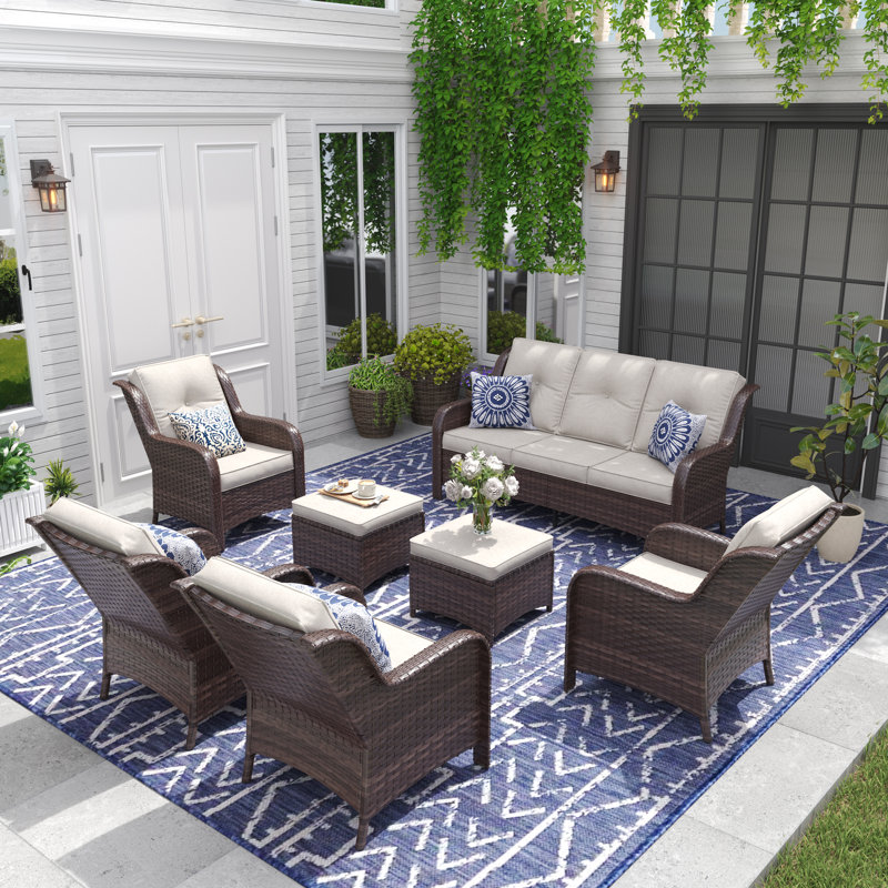 Pe Wicker Outdoor Conversation Sets, Beige Cushion/Brown Frame