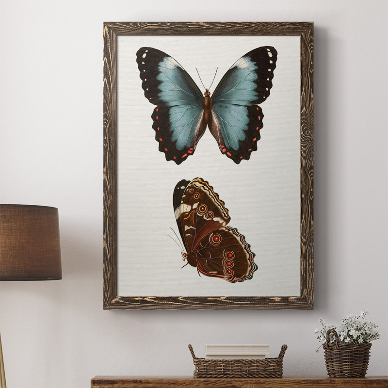 "Erwann Antique Blue Butterflies IV", reproduction d'art sur toile, H 43,5 po x l 31,5 po x P 1 po, Cadre noyer