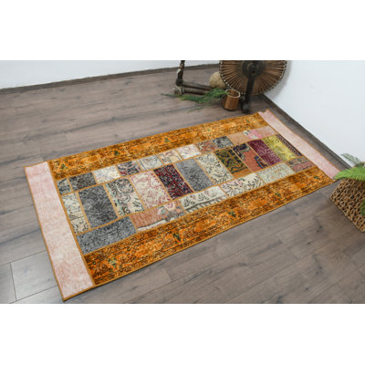 34.3x78 Inch Wool Rug, Traditional Vintage Modern Patchwork Accent