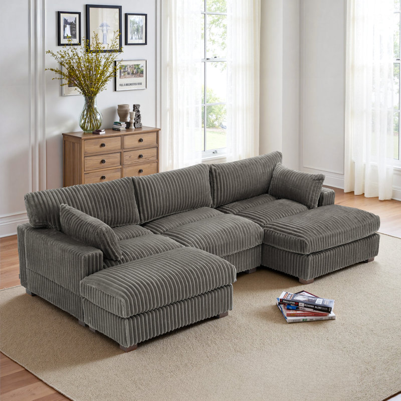 4 - Piece Upholstered Light Gray Faux Rabbit Fur Flannel Reversible Modular Sofa Living Room Sectional Couch with Ottoman