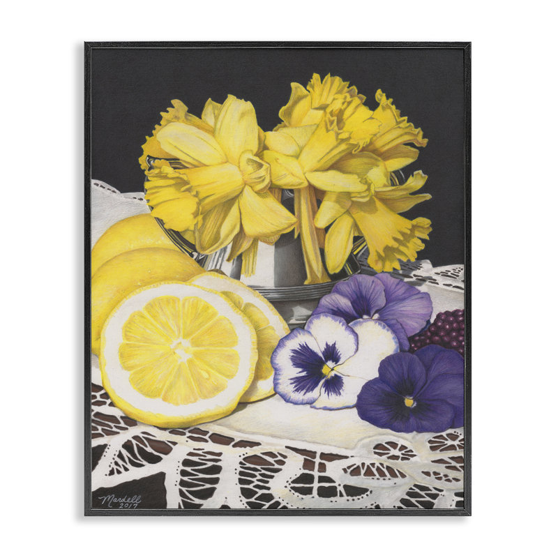 «Daffodils & Lemons Still Life Art» par Mardell Schuster, H 30 po x l 24 po, Giclée encadrée noir minuit