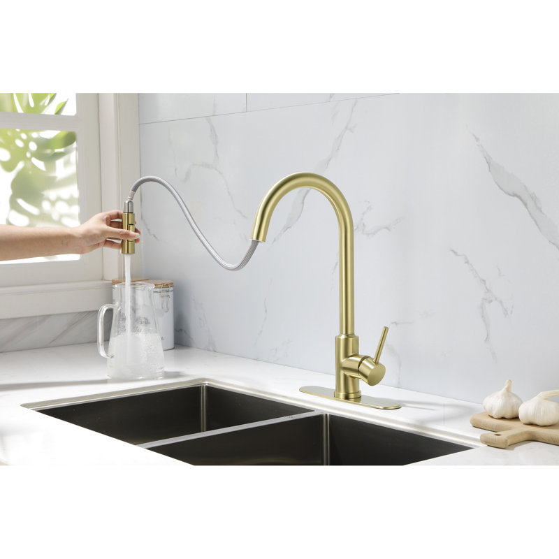 Gold Stainless Steel Kitchen Pull Down Faucet - 360 Rotatable High Spout, Simple Single Handle For Water Temperature And Flow Adjustment, Corrosion Rust-, 15.83 In. Deep, 10.04 Wide, 4.27