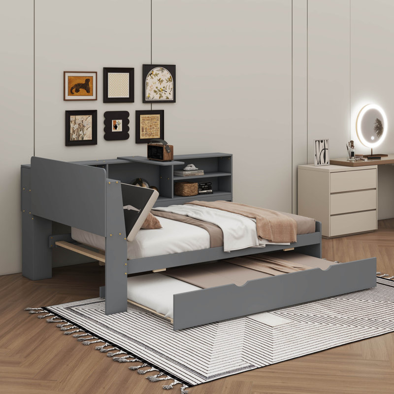 Functional Platform Bed With Pull Out Trundle Shelving Units And Storage Headboard, Grey