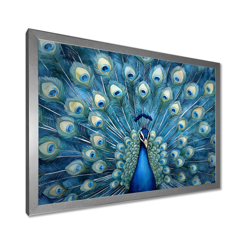 Royal Peacock Feather présent II - paon, art mural, H 24 po x l 32 po, Avec cadre, Argent argent