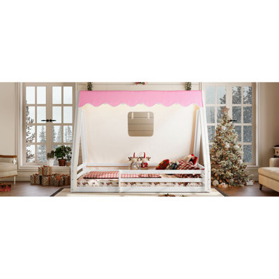 Full Size House Floor Bed With Tent And Light, Solid Wood Teepee Floor Bed With Full-Length Guardrails, Montessori And Childlike Design, White+Pink