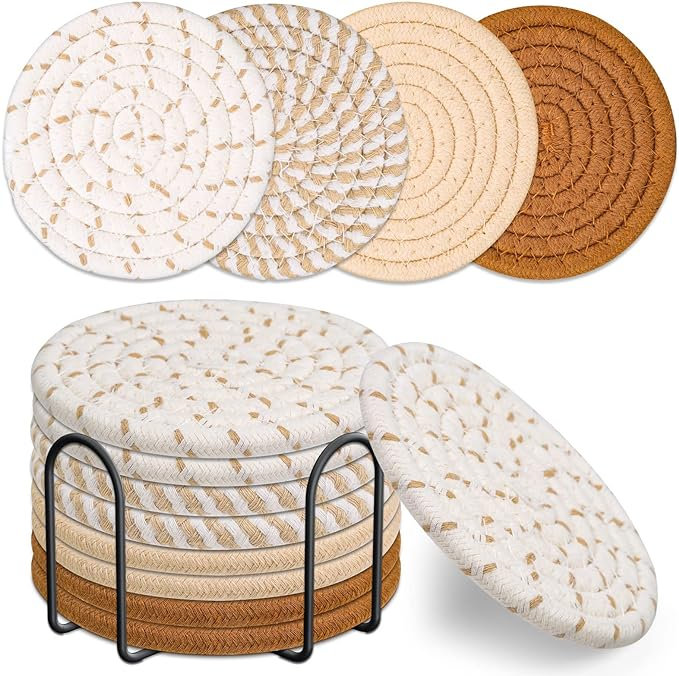 Round 8 Piece Coaster Set With Holder, Brown