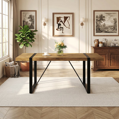 71" Rustic Industrial Rectangular Wood Dining Table for 4-6 Person, Thick Engineered Wood color Tabletop and Black Metal Legs, for Kitchen, Dining Roo