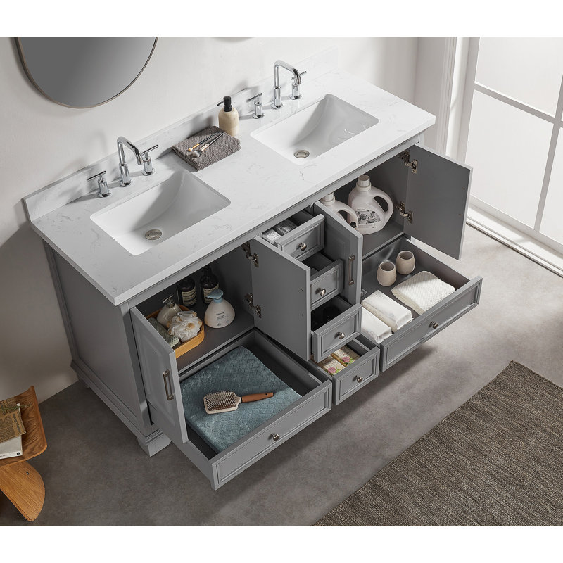 Meuble-lavabo double autoportant de 60 po avec pierre artificielle entièrement assemblé, Gris