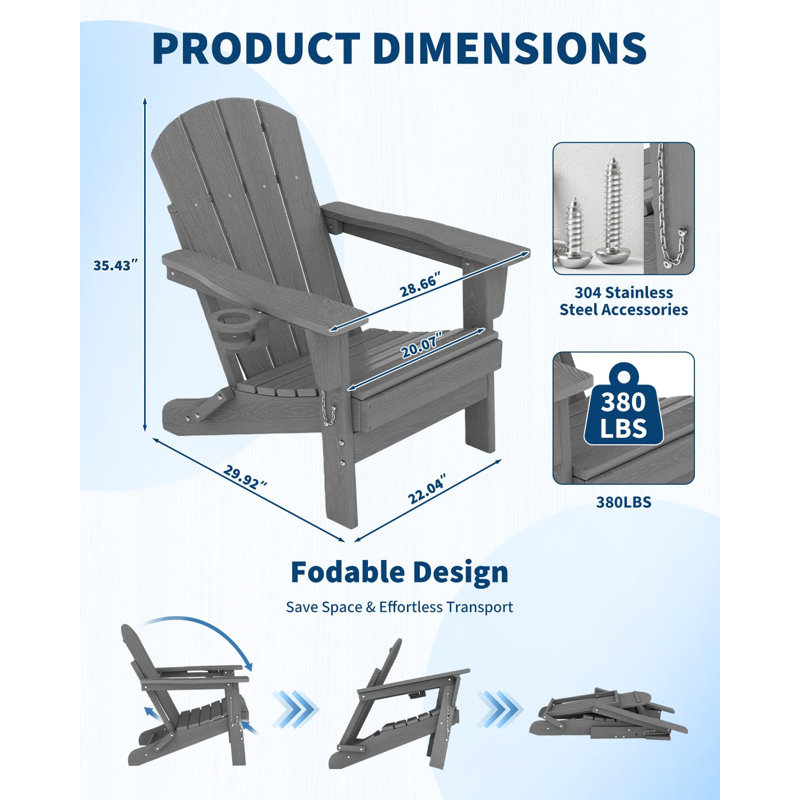 All-Weather HDPE Folding Adirondack Chairs with Side Table - Wooden Texture, Cup Holder, Outdoor Patio Chairs for Garden, Fire Pit (Gray 2 Chairs + 1 Side Table)