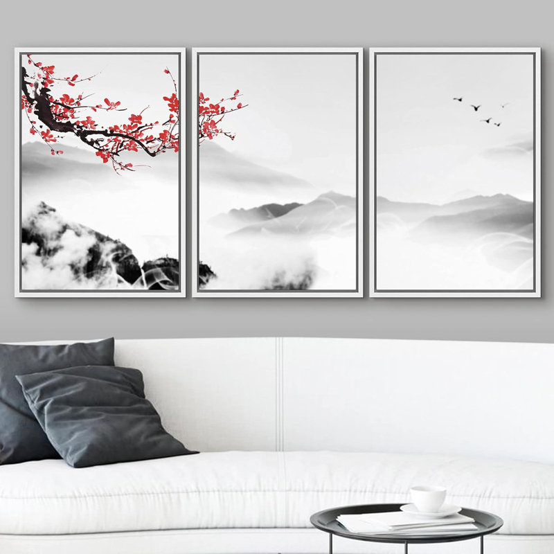 Chinoiserie, cerisier rouge, fleurs sur une chaîne de montagnes brumeuse, nature sauvage, illustrations, art moderne, culture