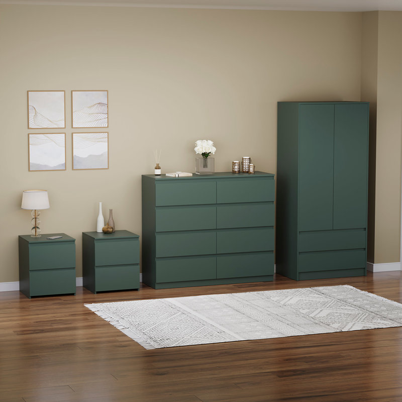 Tanino 4 Piece Bedroom Set (2 Drawer Large Bedside Chest X2, 8 Drawer Chest, 2 Door 2 Drawer Wardrobe), Green