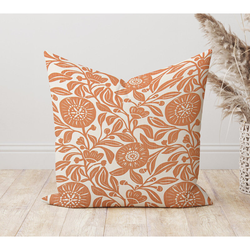 Housse de coussin orange et blanche à motif floral rétro, Carré 21 po