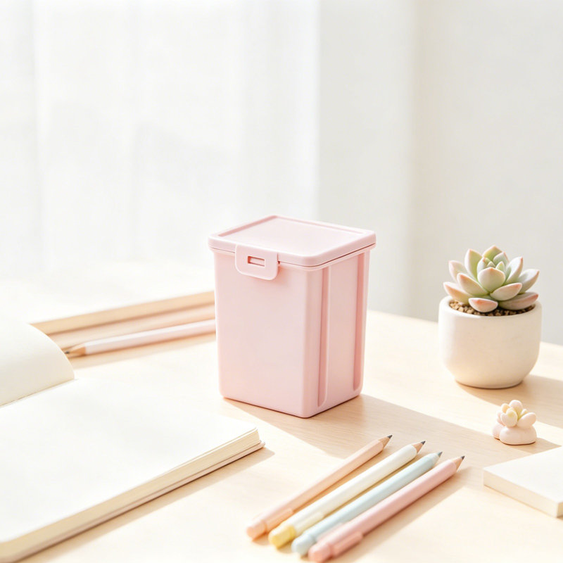 Sac à dos en polyester couleur macaron, boîte de rangement rectangulaire en plastique avec couvercle, petit organisateur de bureau portatif pour stylos, loisirs créatifs et fournitures de bureau.