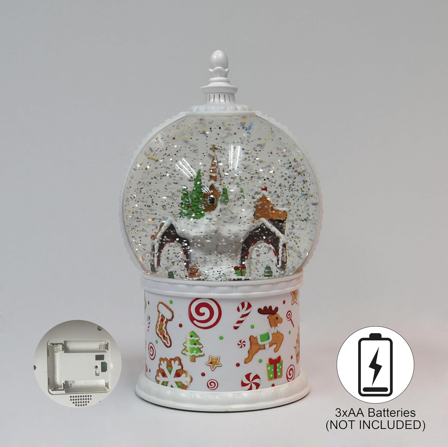 11.7"H Acrylic Gingerbread Globe - LED Lights, Water Spinning Glitter, Battery - Hand-Painted Resin