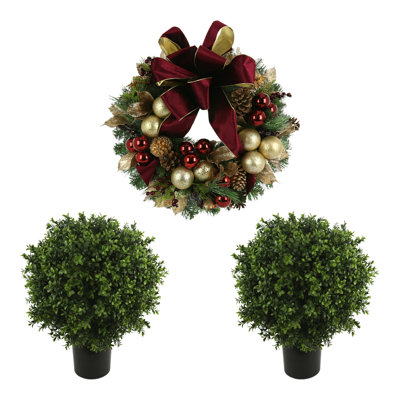 26" Holiday Wreath and Two UV Rated Boxwood Topiary Drop-Ins