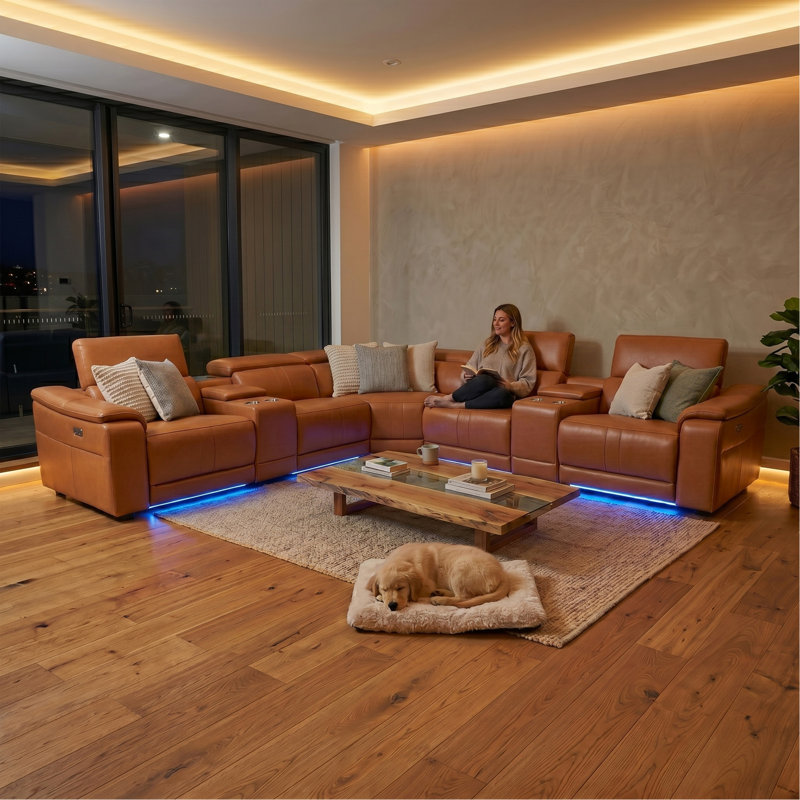 Canapé modulaire inclinable électrique en forme de L avec haut-parleurs Bluetooth, charge sans fil, lumières ambiantes à DEL, console de rangement et porte-gobelets, ensemble de canapé en cuir inclinable électrique pour salon