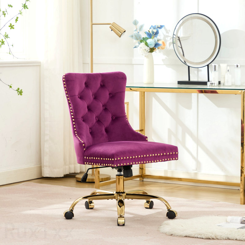 Purple Office Chair, Modern Velvet Upholstered Tufted Button Home Office Chair, With Golden Metal Base, Adjustable Desk Chair Swivel Office Chair