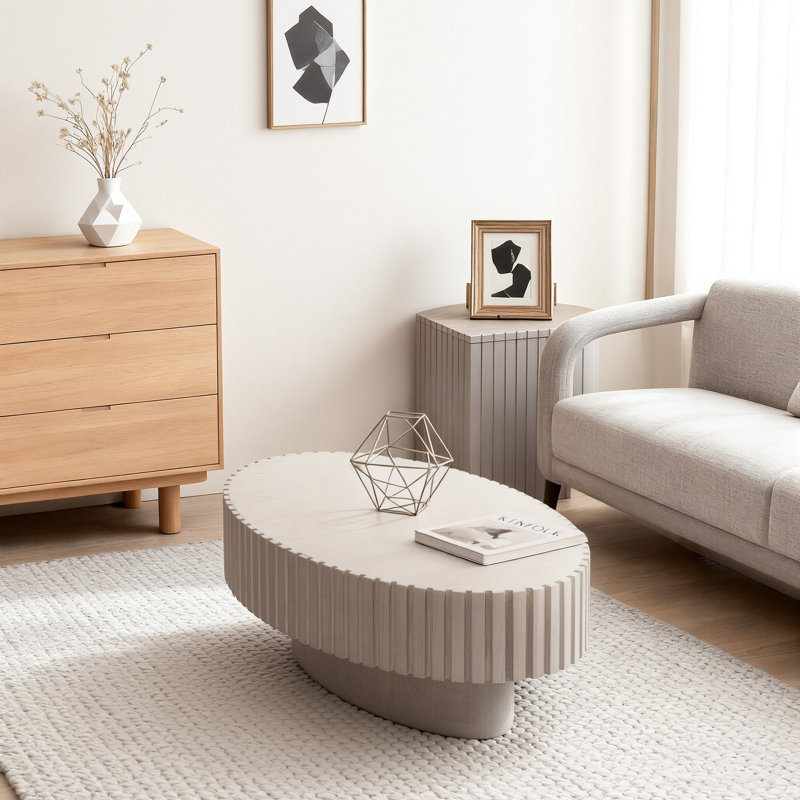 43.5'' Modern Oval Wooden Olive-shaped Coffee Table With Solid Wood Fluted Design For Living Room, White