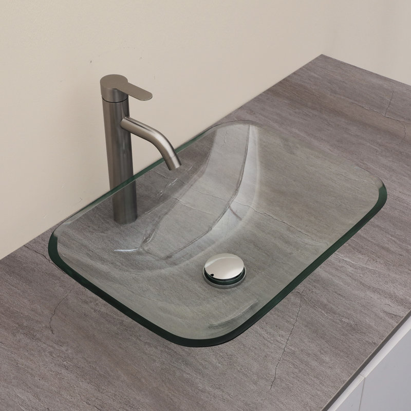 20-1/4 in. Clear Glass Rectangular Vessel Bathroom Basin Sink with Chrome Pop-up Drain