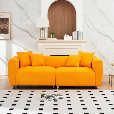 Canapé 3 places de 226 cm (89 pouces) pour appartement et salon, avec structure en bois massif, pieds en métal, 4 coussins moelleux, revêtement en lin et coton jaune lavable.