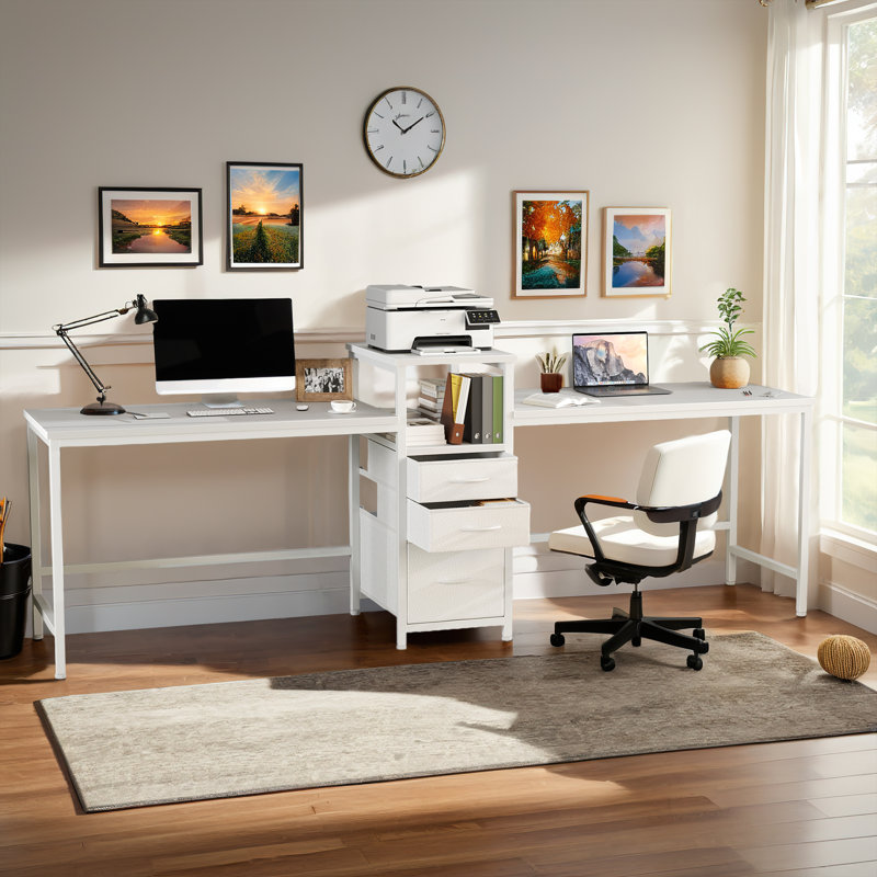 Melaniece Metal Base Computer Desk with Power Outlet, White/White