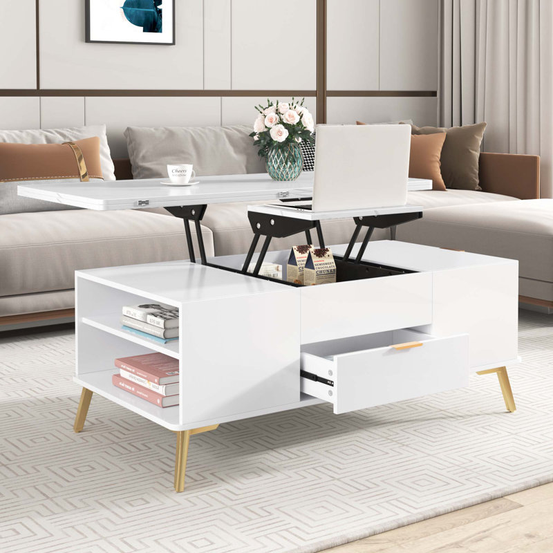 Table basse à plateau relevable moderne avec tiroirs Modern, Blanc / Doré