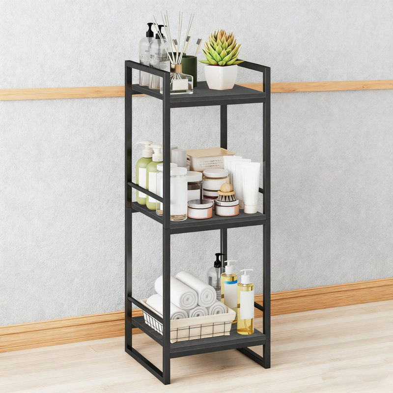 3-Tier Freestanding Storage Shelf, Heavy Duty Metal Frame With Wood-Look Shelves For Bathroom, Kitchen, Laundry Room, Bedroom, Space Saving Corner Organizer With Easy Assembly